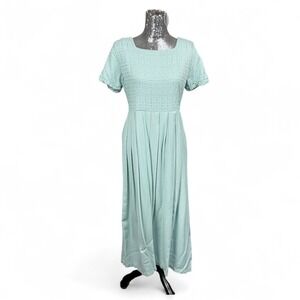 Vintage 90s Cottagecore Rayon Maxi Dress 14 Pastel Green Pleated Tie Back Eyelet